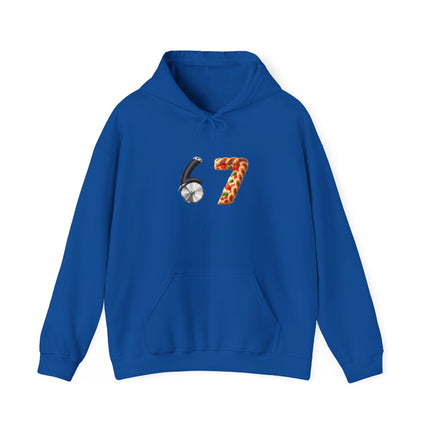67 Graphic Hoodie — Retro Number Design (Soccer & Pizza Motif)