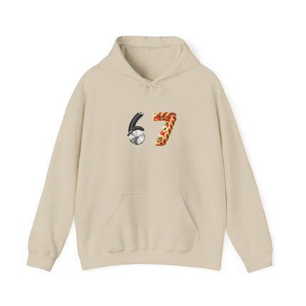 67 Graphic Hoodie — Retro Number Design (Soccer & Pizza Motif)