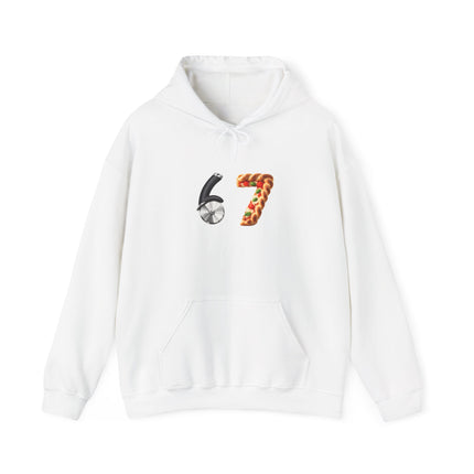 67 Graphic Hoodie — Retro Number Design (Soccer & Pizza Motif)